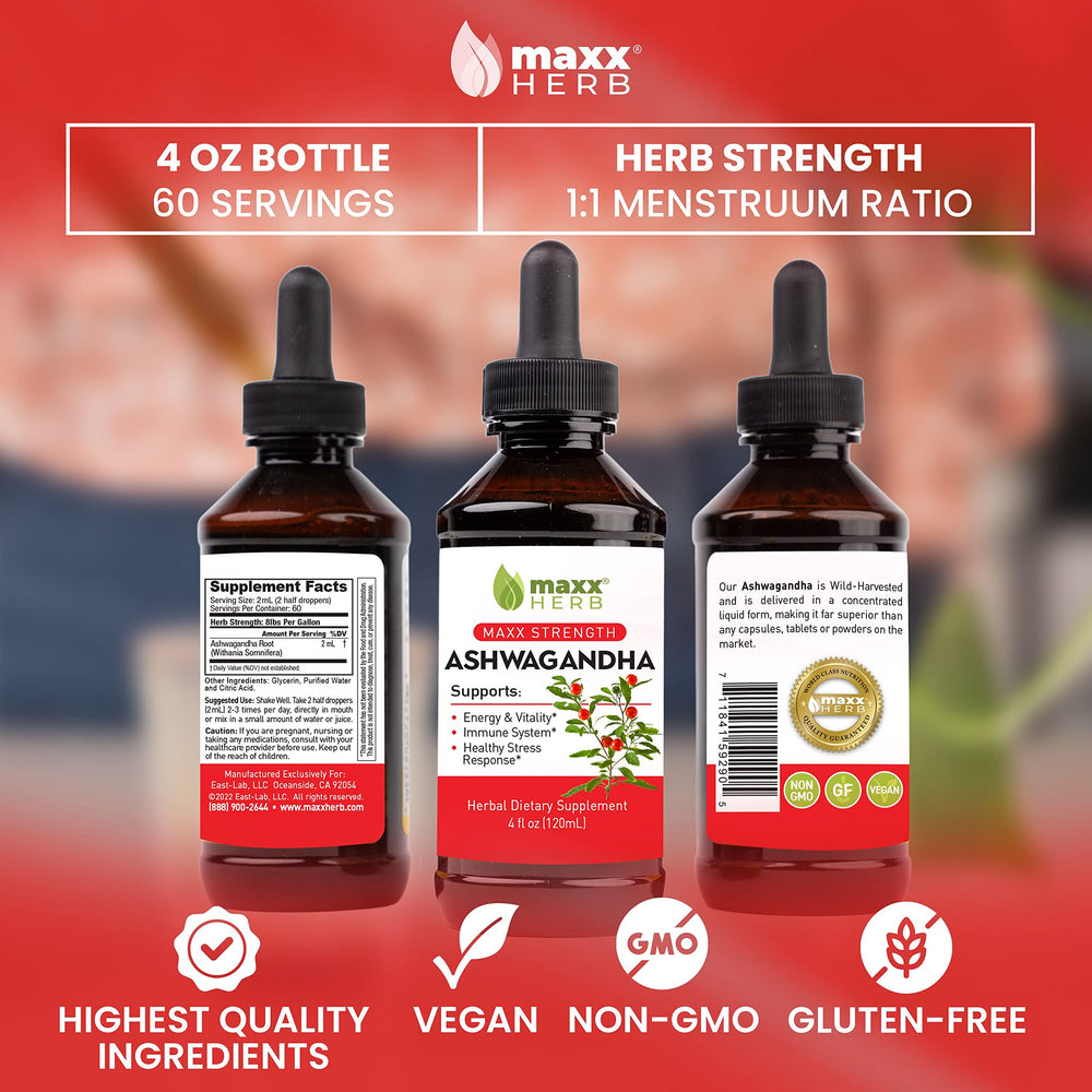 Four-bottle pack of Maxx Herb Ashwagandha extract on box display