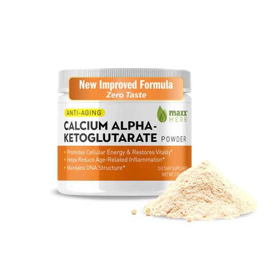 Maxx Herb Calcium AKG powder jar shows pure formula for energy support