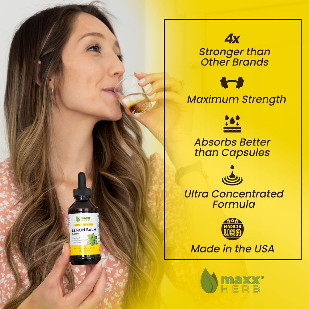 Maxx Herb lemon balm tincture dropper highlights fast absorption for calmer evenings