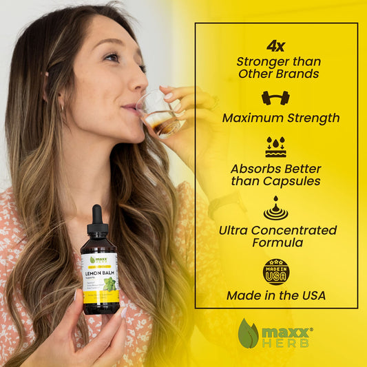 Maxx Herb lemon balm tincture dropper highlights fast absorption for calmer evenings