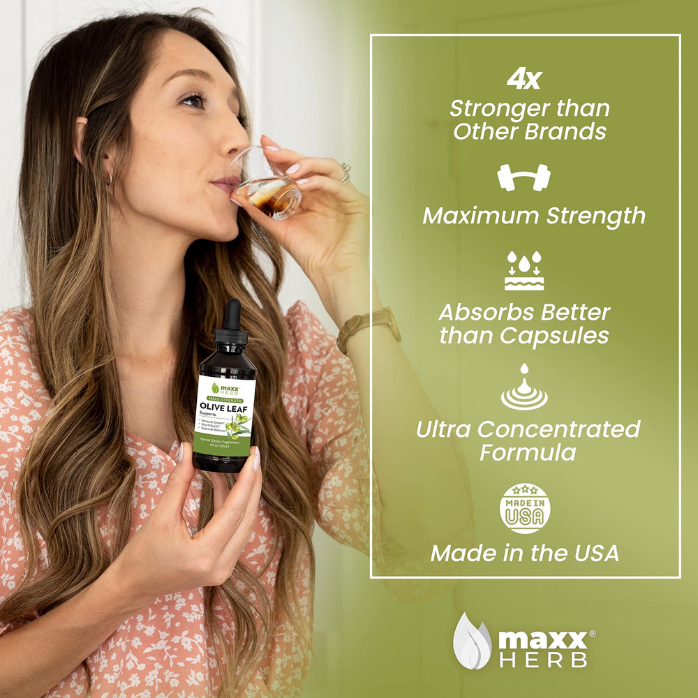 Close-up of the Maxx Herb olive leaf extract dropper ready for precise dosing