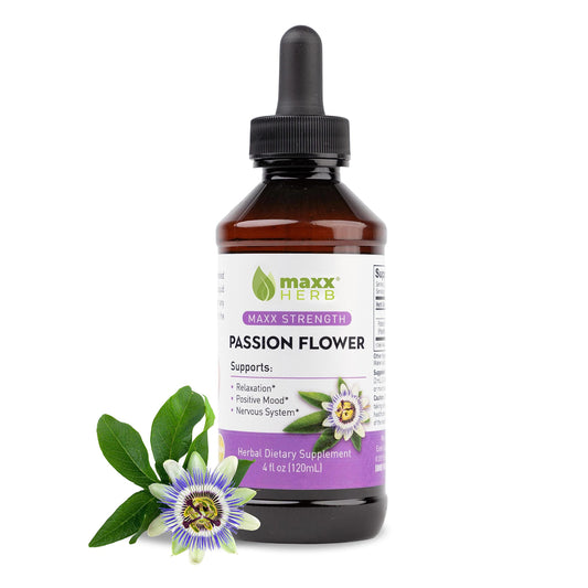 Maxx Herb Passion Flower extract bottle shows a premium liquid for relaxation.