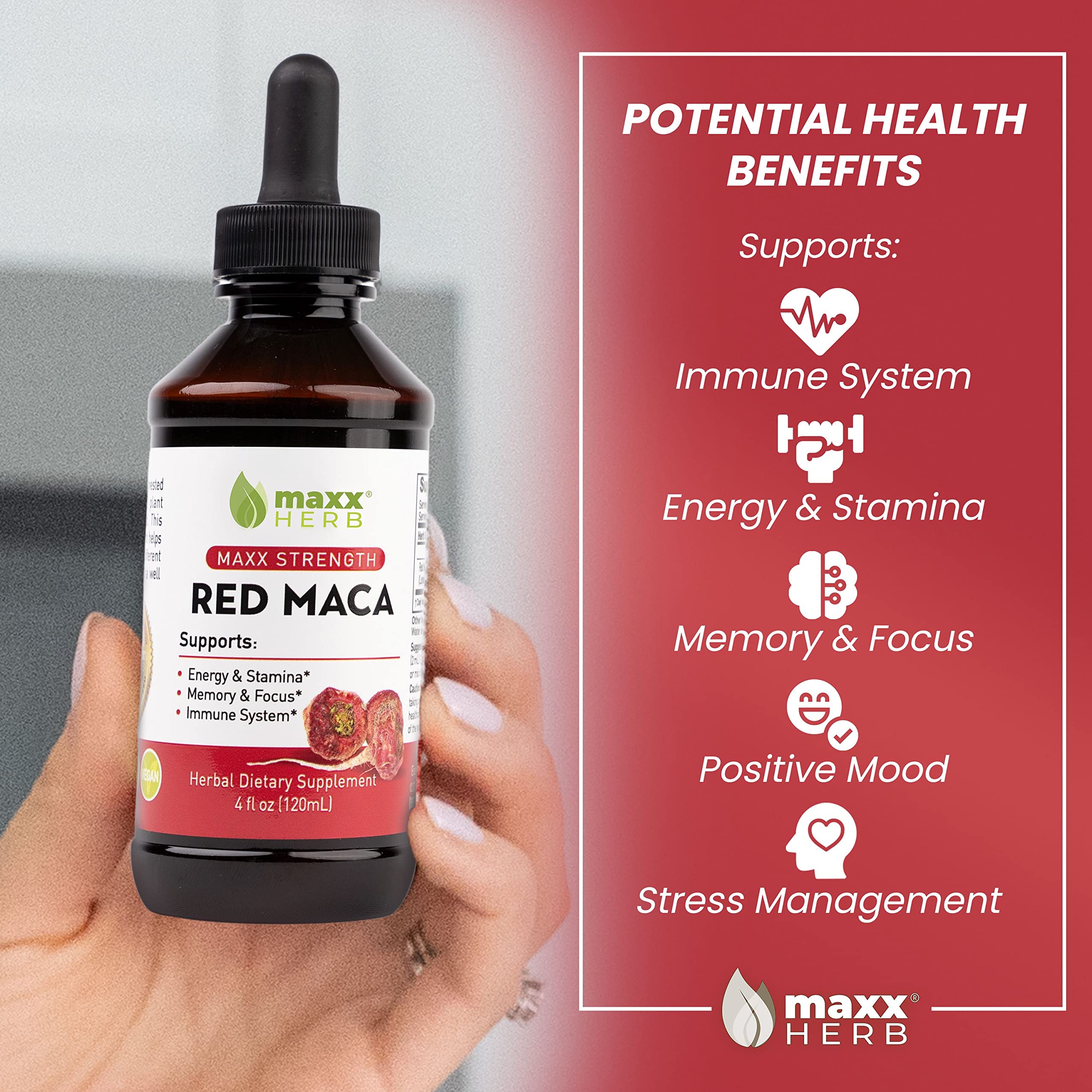 Maxx Herb Red Maca bottle label - highlights potency and ingredients