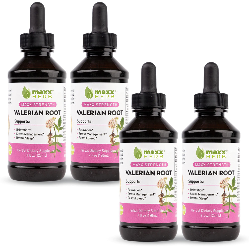 Maxx Herb Valerian liquid bottle pour for quick absorption and relaxation.
