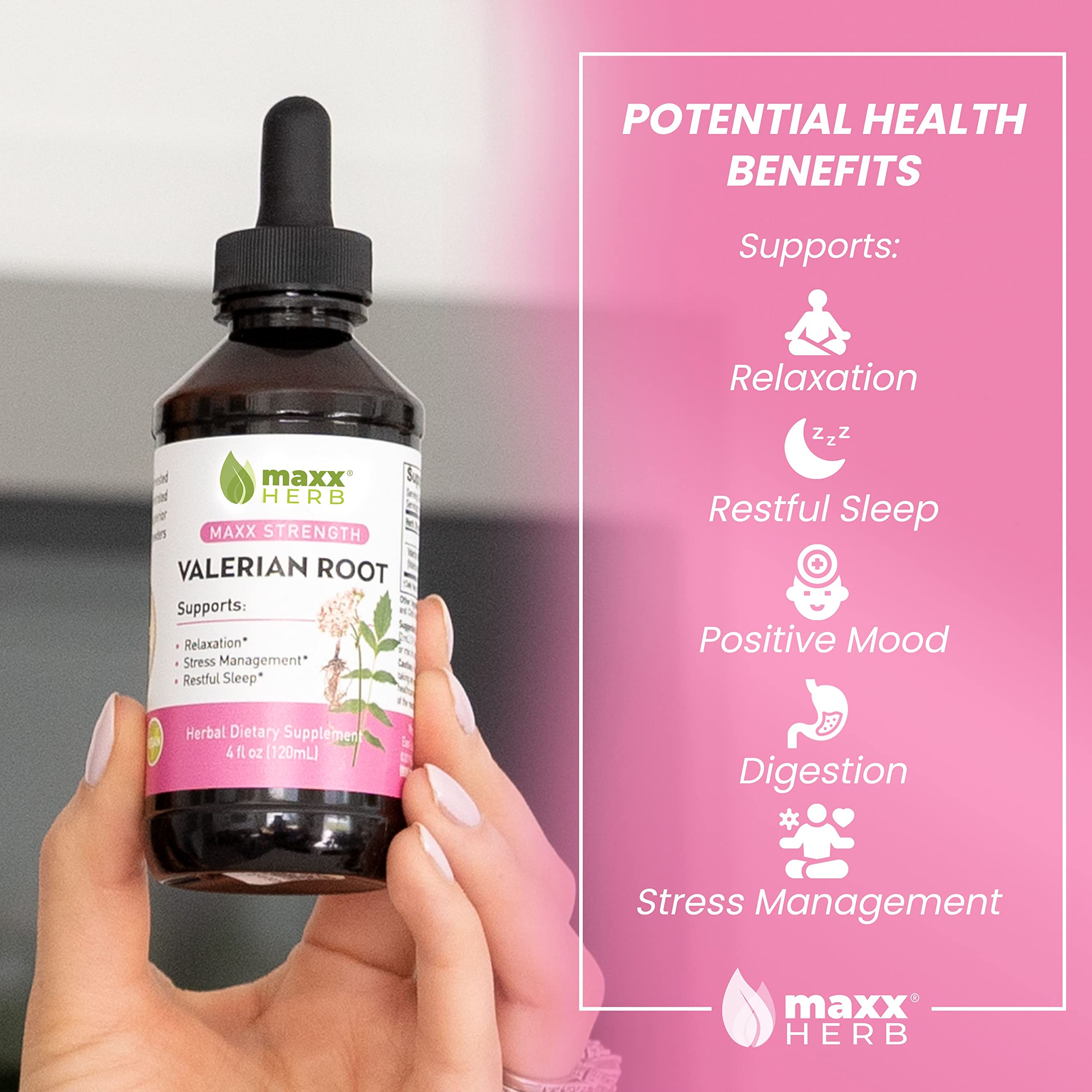 Valerian liquid drops application showing easy nightly dosing with Maxx Herb.