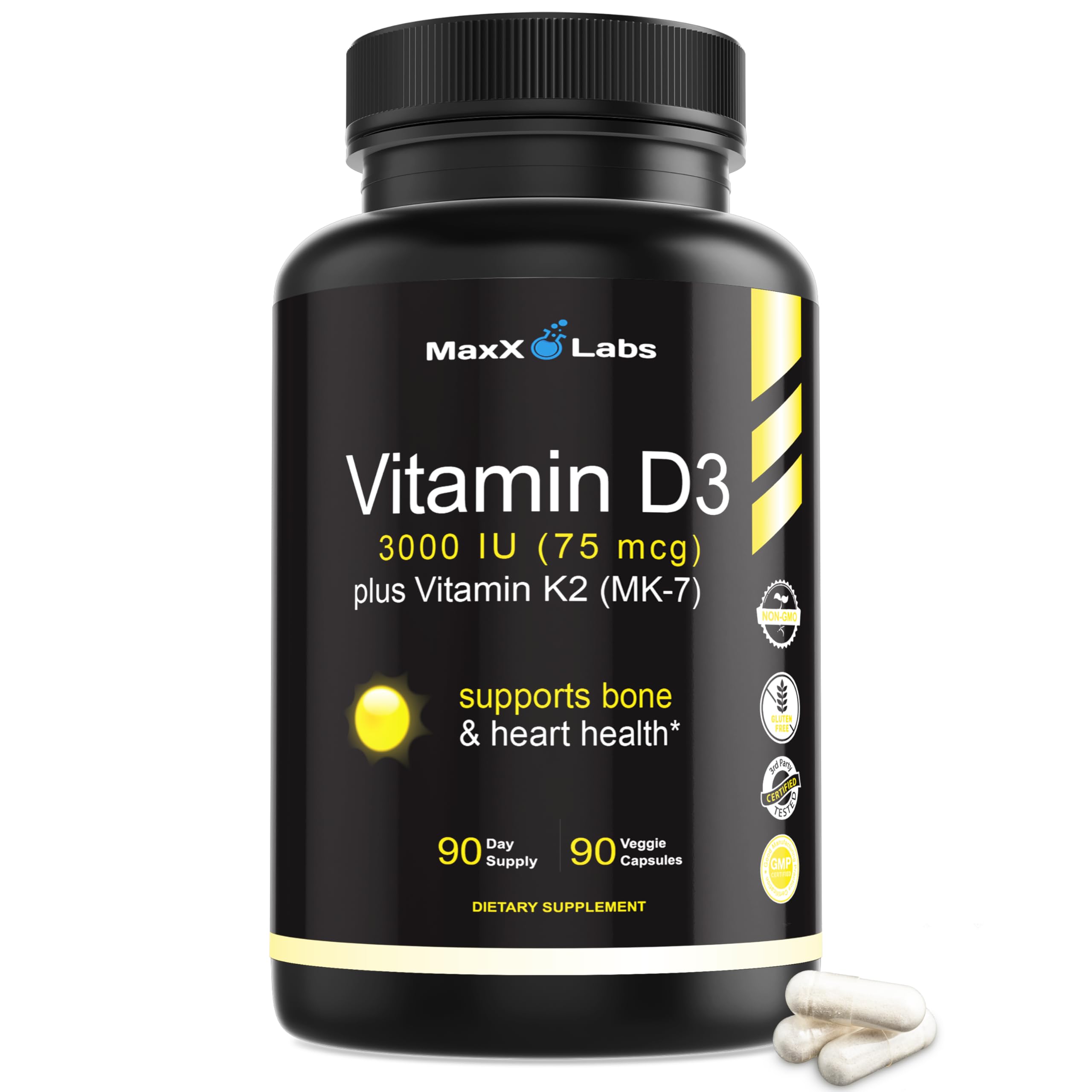 MaxX Labs Vitamin D3 K2 3000 IU bottle front, premium daily wellness packaging.