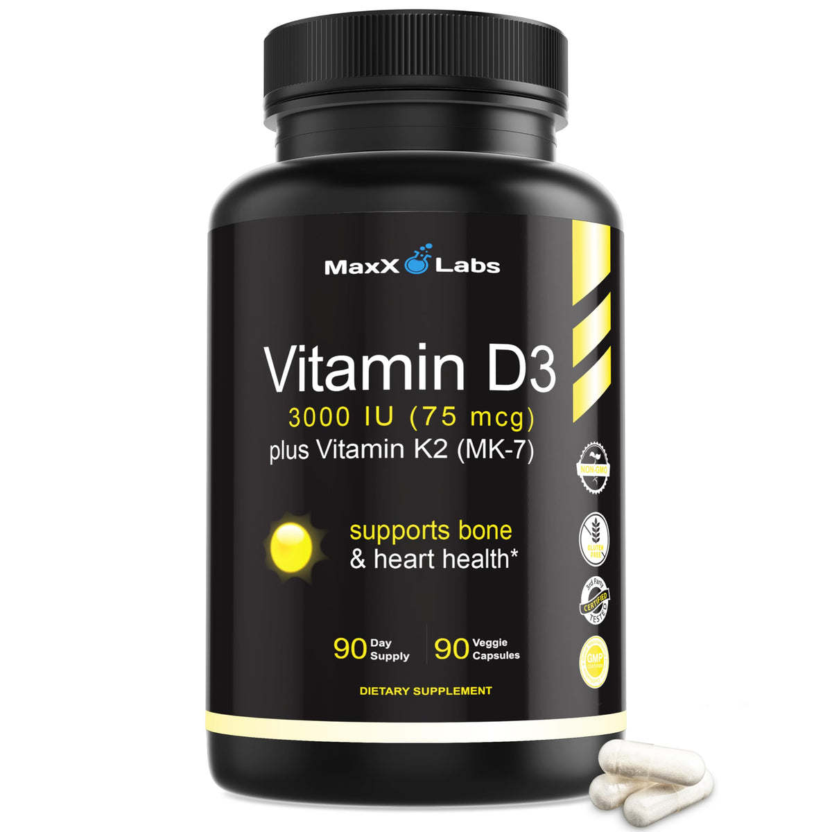 MaxX Labs Vitamin D3 K2 3000 IU bottle front, premium daily wellness packaging.