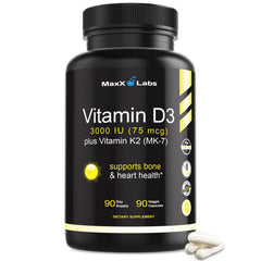 MaxX Labs Vitamin D3 K2 3000 IU bottle front, premium daily wellness packaging.