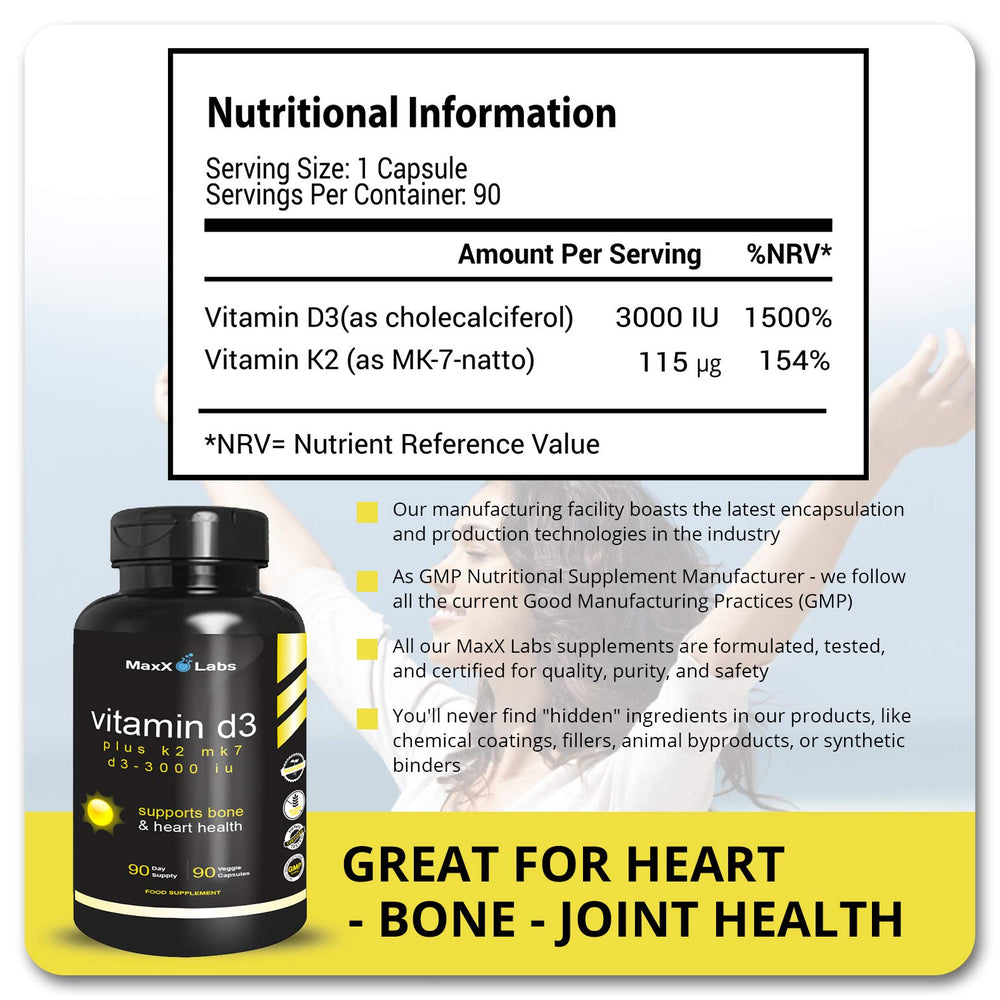 MaxX Labs Vitamin D3 K2 3000 IU bottle nutrition panel showing calcium synergy.