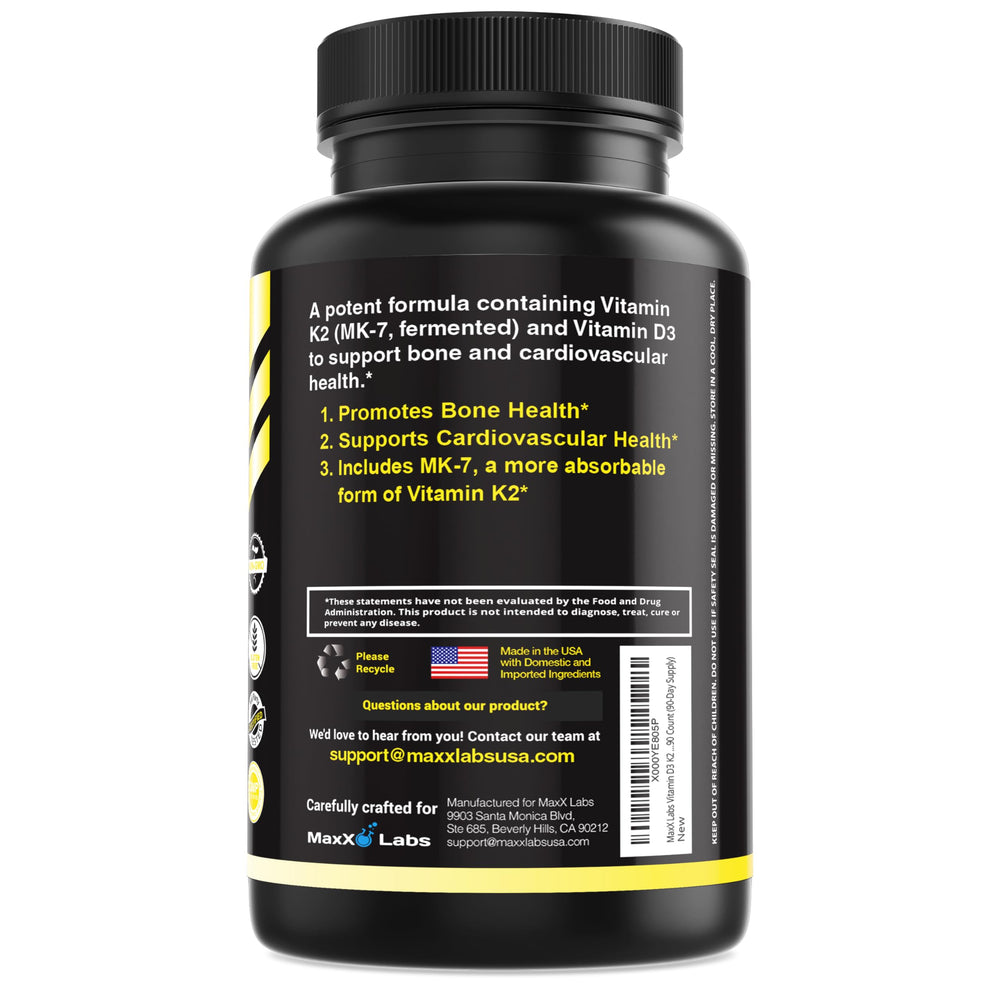 MaxX Labs Vitamin D3 K2 3000 IU capsules close-up, easy-to-swallow design.