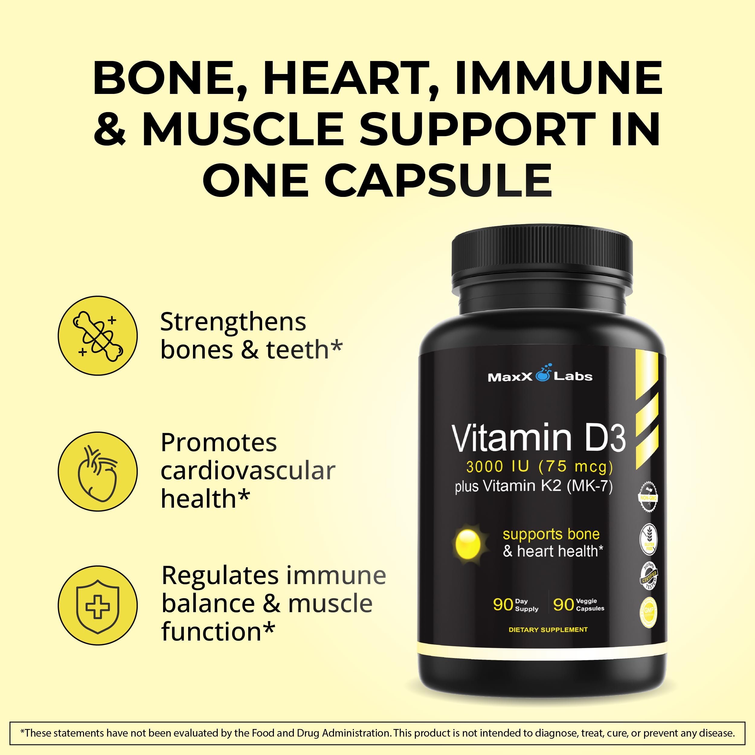 MaxX Labs Vitamin D3 K2 3000 IU packaging box, eco-friendly and convenient.