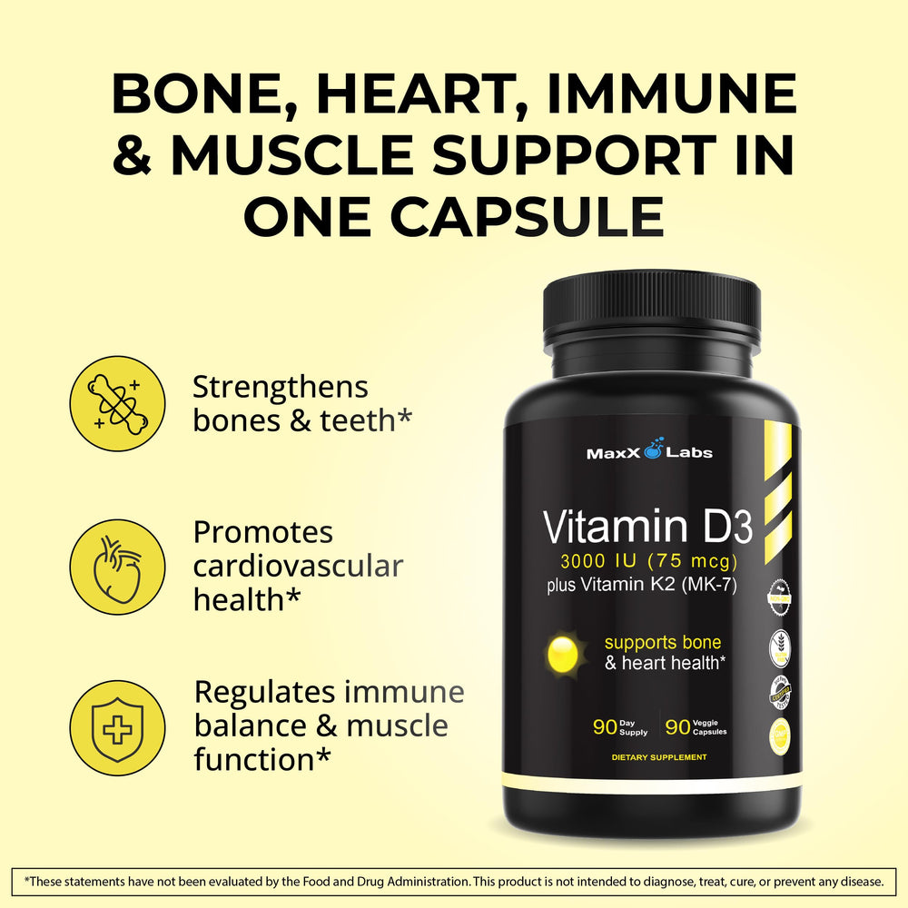 MaxX Labs Vitamin D3 K2 3000 IU packaging box, eco-friendly and convenient.