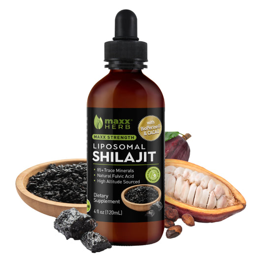 Maxx Herb Shilajit bottle pour shows energy-boosting formula in action.