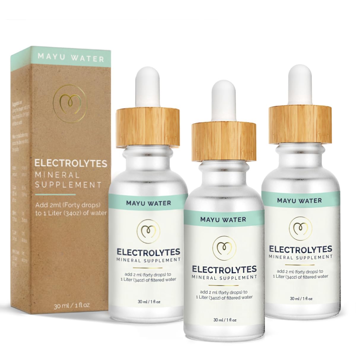 Mayu Concentrated Electrolyte Drops bottle front for pure hydration on the go.