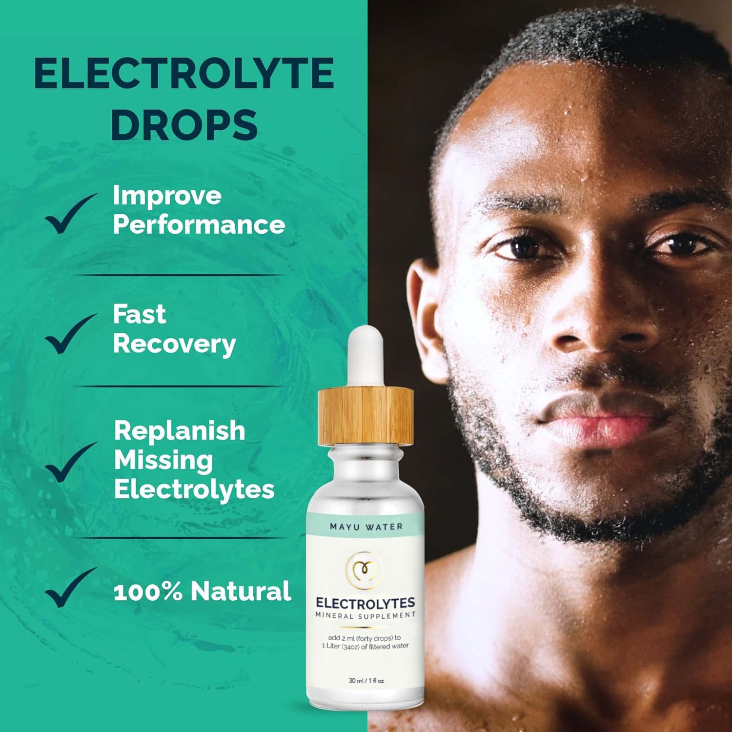Mayu Concentrated Electrolyte Drops poured into water for quick hydration.