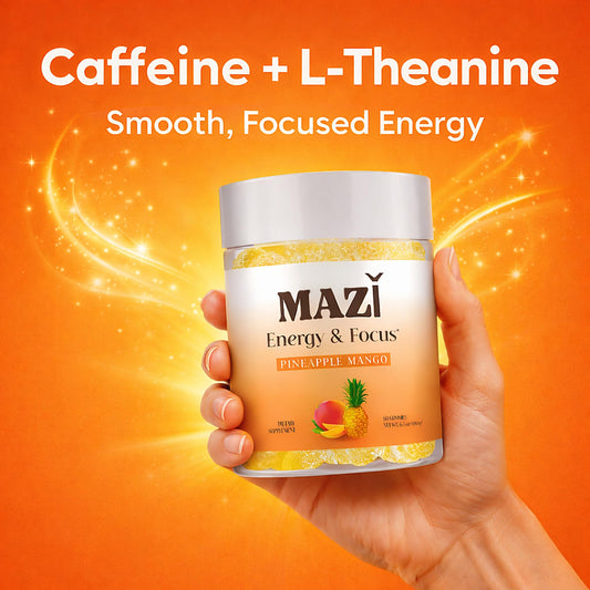 MAZI Energy & Focus Gummies close-up showing vibrant fruit flavor for alert energy.