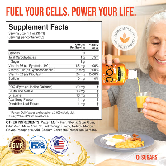 Close-up of MBS Biotechnology PQQ Liquid label highlighting ingredients and dosage.