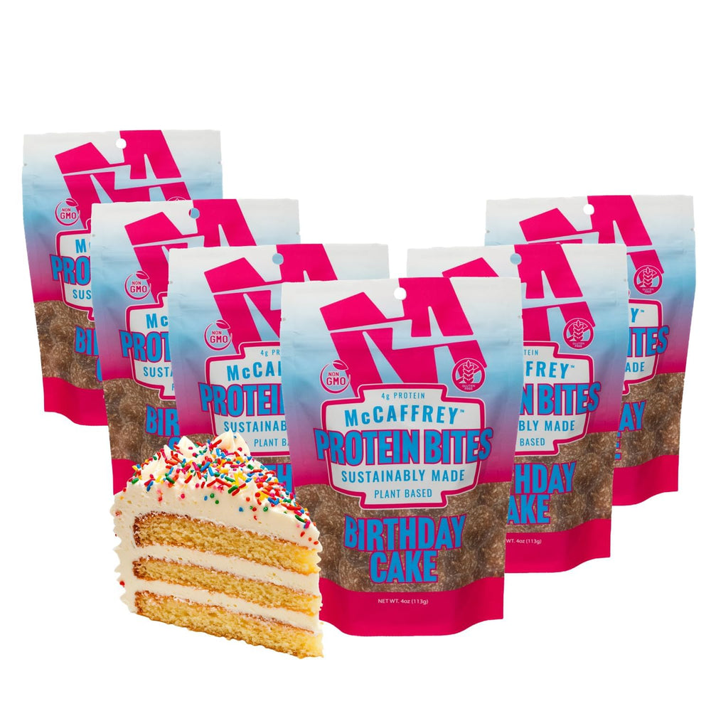 McCaffrey Protein Bites birthday cake bag front view with sprinkles.