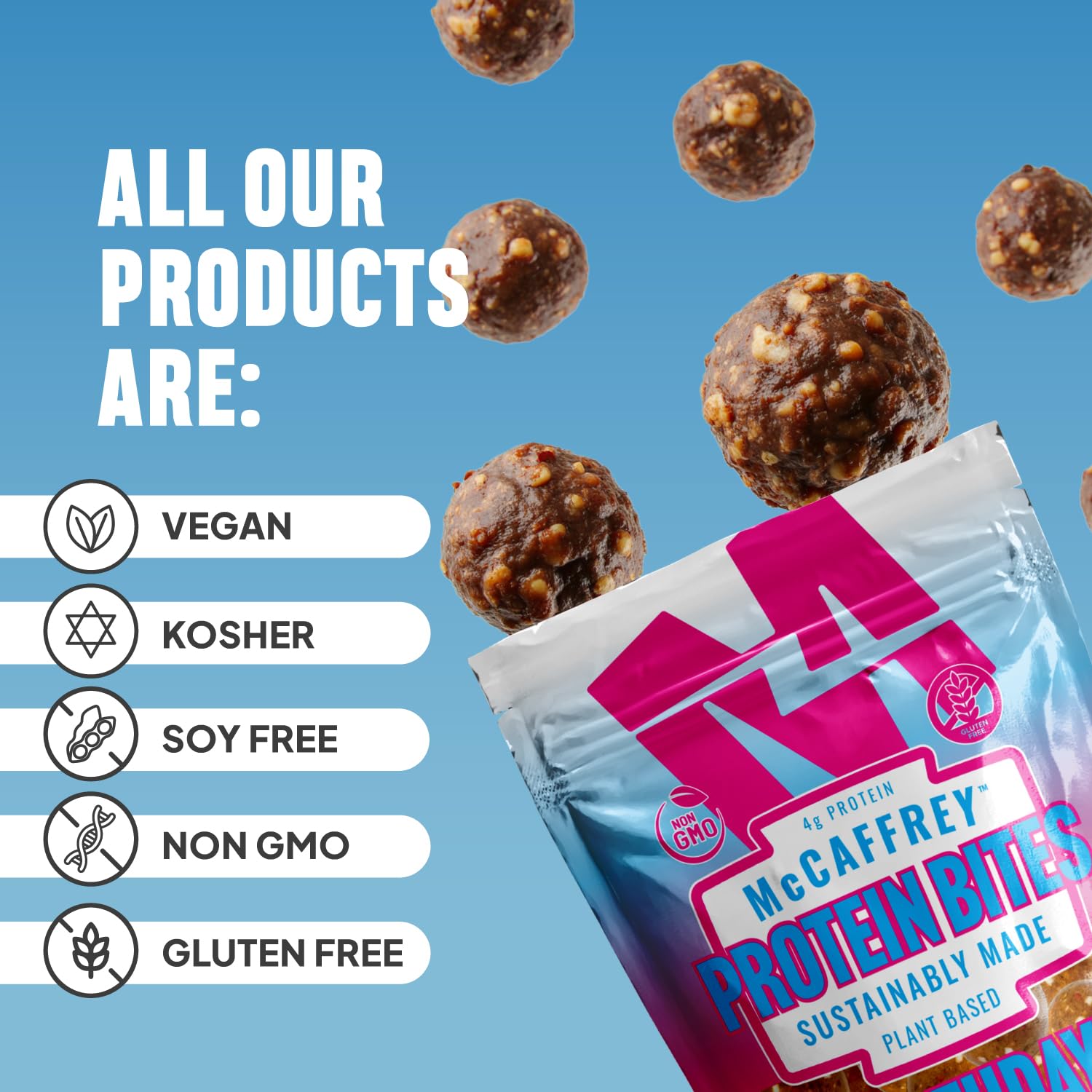 McCaffrey Protein Bites packaging closeup with gluten-free and vegan labels.