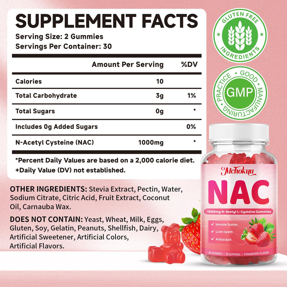 mchokuu nac gummies 1000mg ingredient list shows vegan sugar-free formulation for clean supplement
