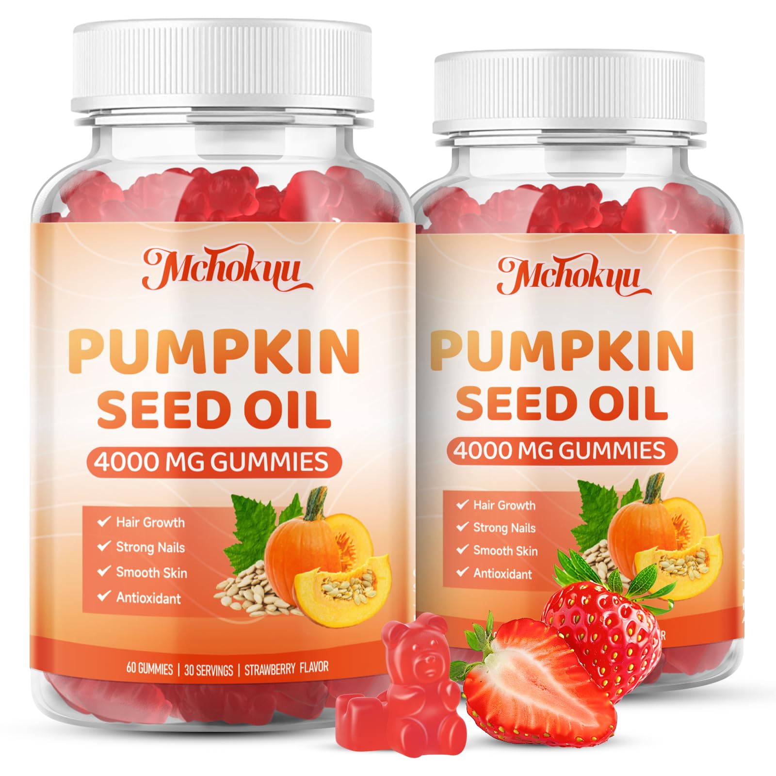 Mchokuu pumpkin seed oil gummies bottle with strawberry flavor for daily skin and hair support