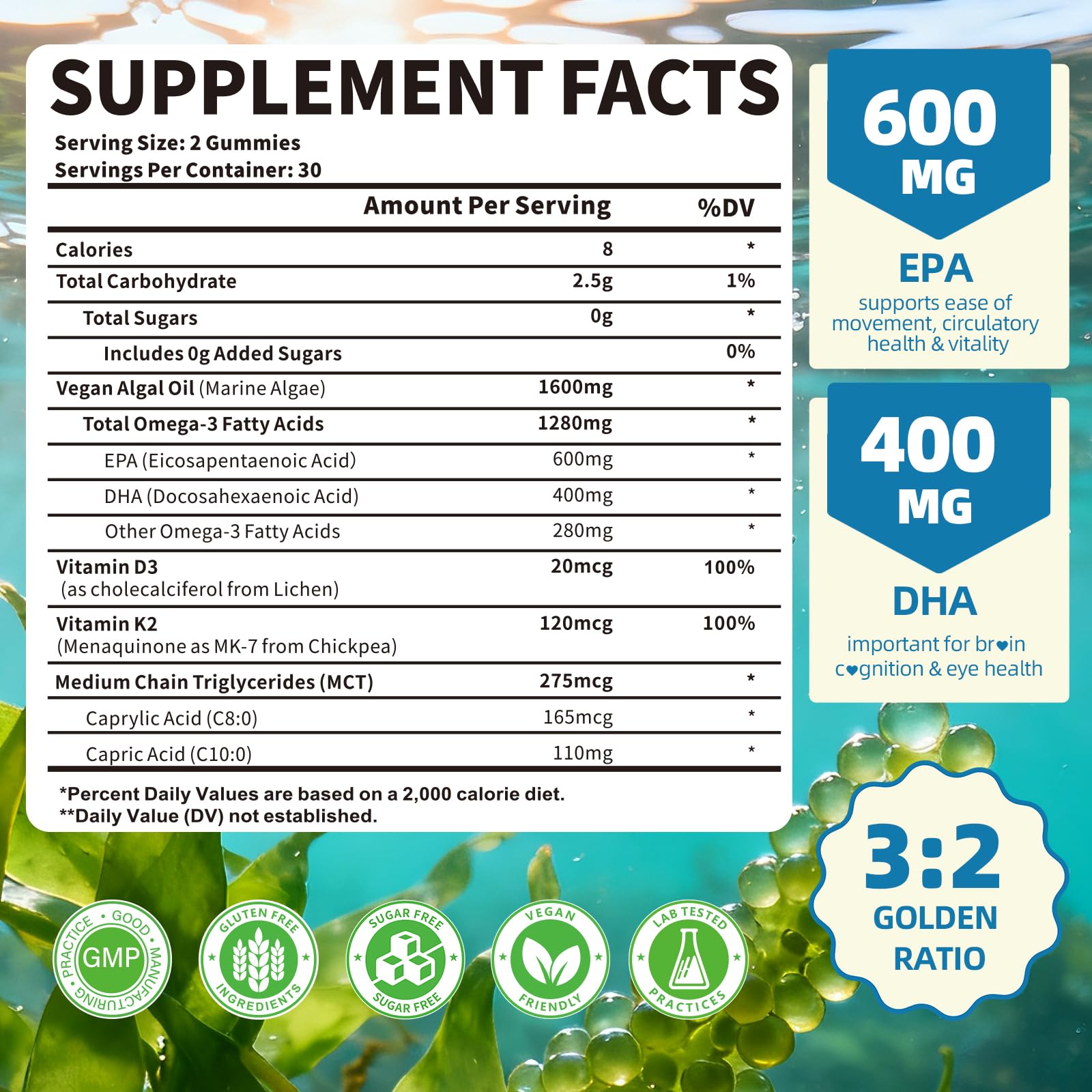 Mchokuu Omega-3 gummies with EPA/DHA balance reflecting a 3:2 ratio.