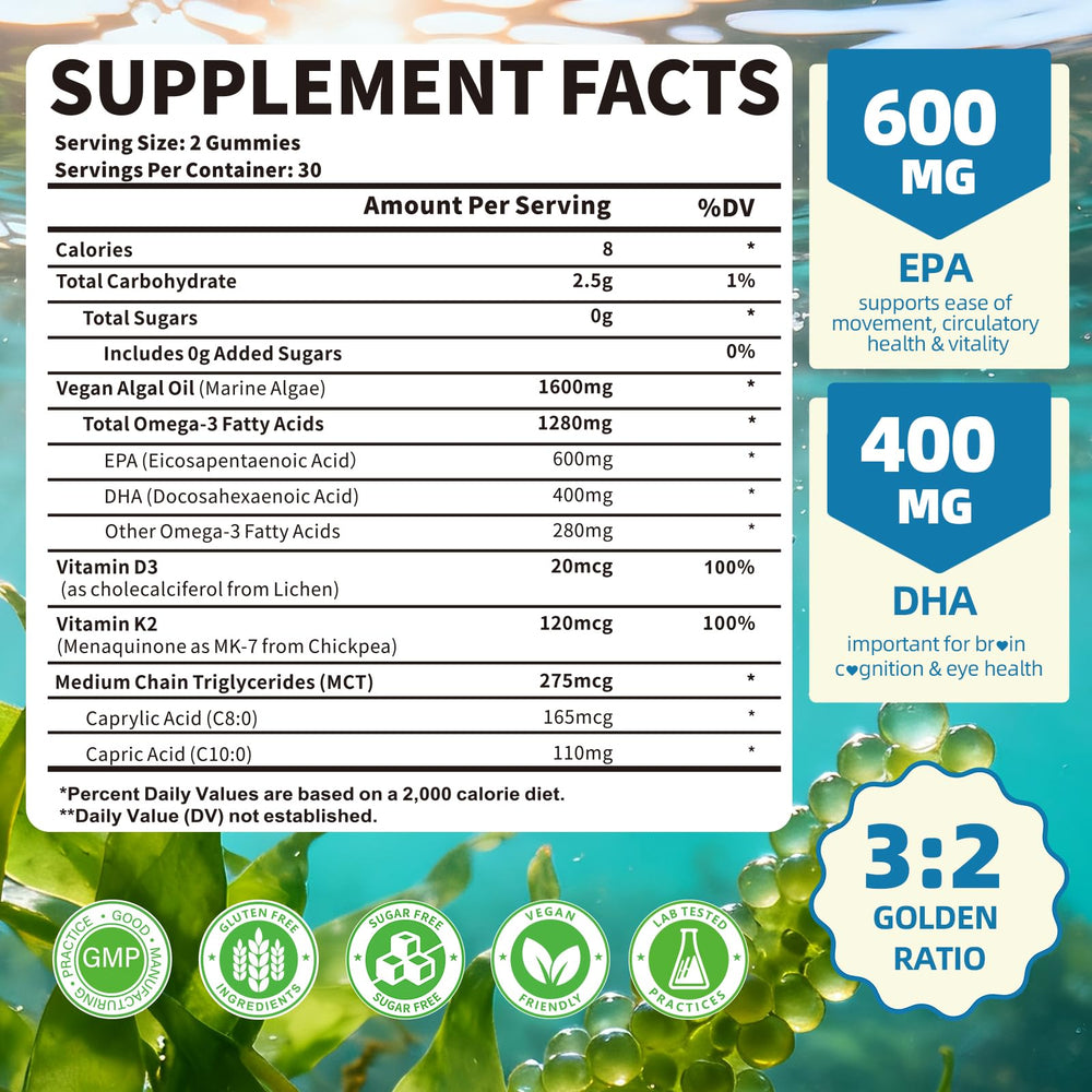 Mchokuu Omega-3 gummies with EPA/DHA balance reflecting a 3:2 ratio.