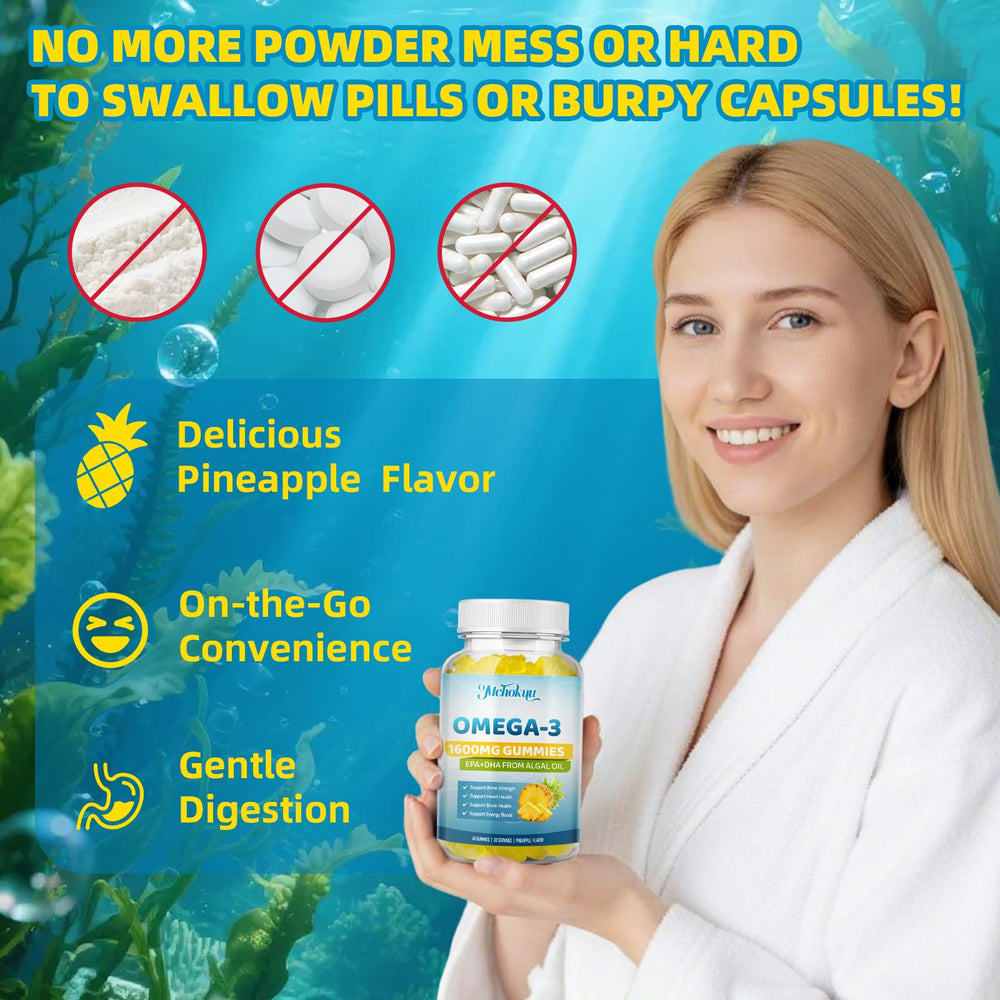 Mchokuu vegan omega-3 gummies shown for family-friendly use and pairing with meals.