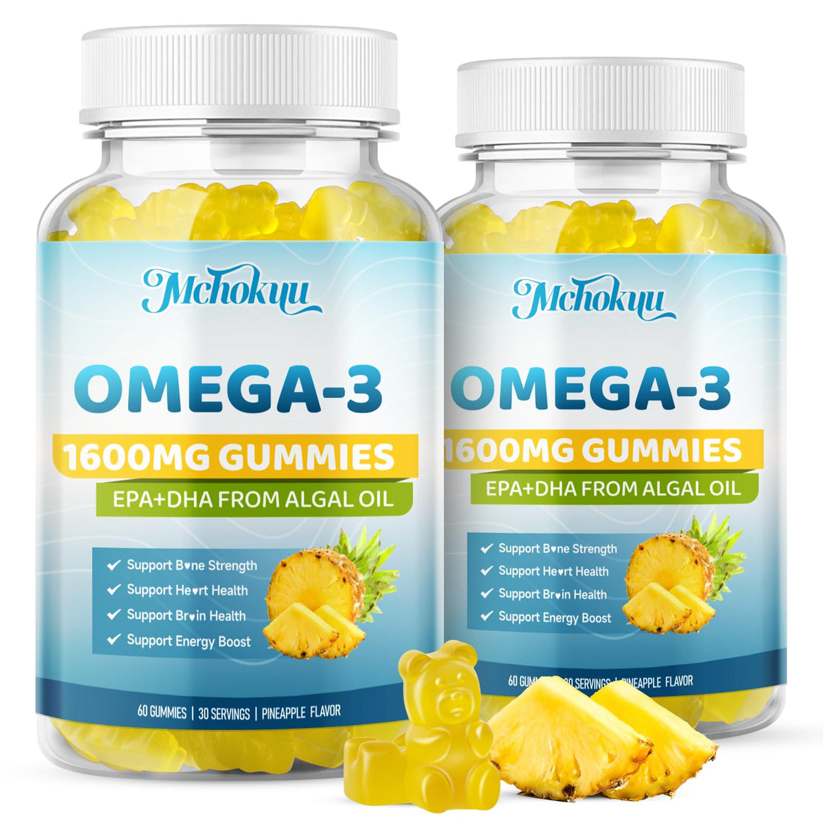 Mchokuu Vegan Omega-3 Gummies pineapple bottle for convenient brain and eye support.