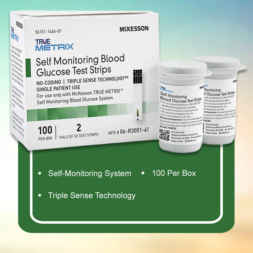 McKesson blood glucose test strip in compact packaging for portability