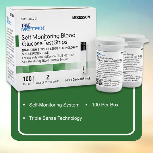 McKesson blood glucose test strip in compact packaging for portability