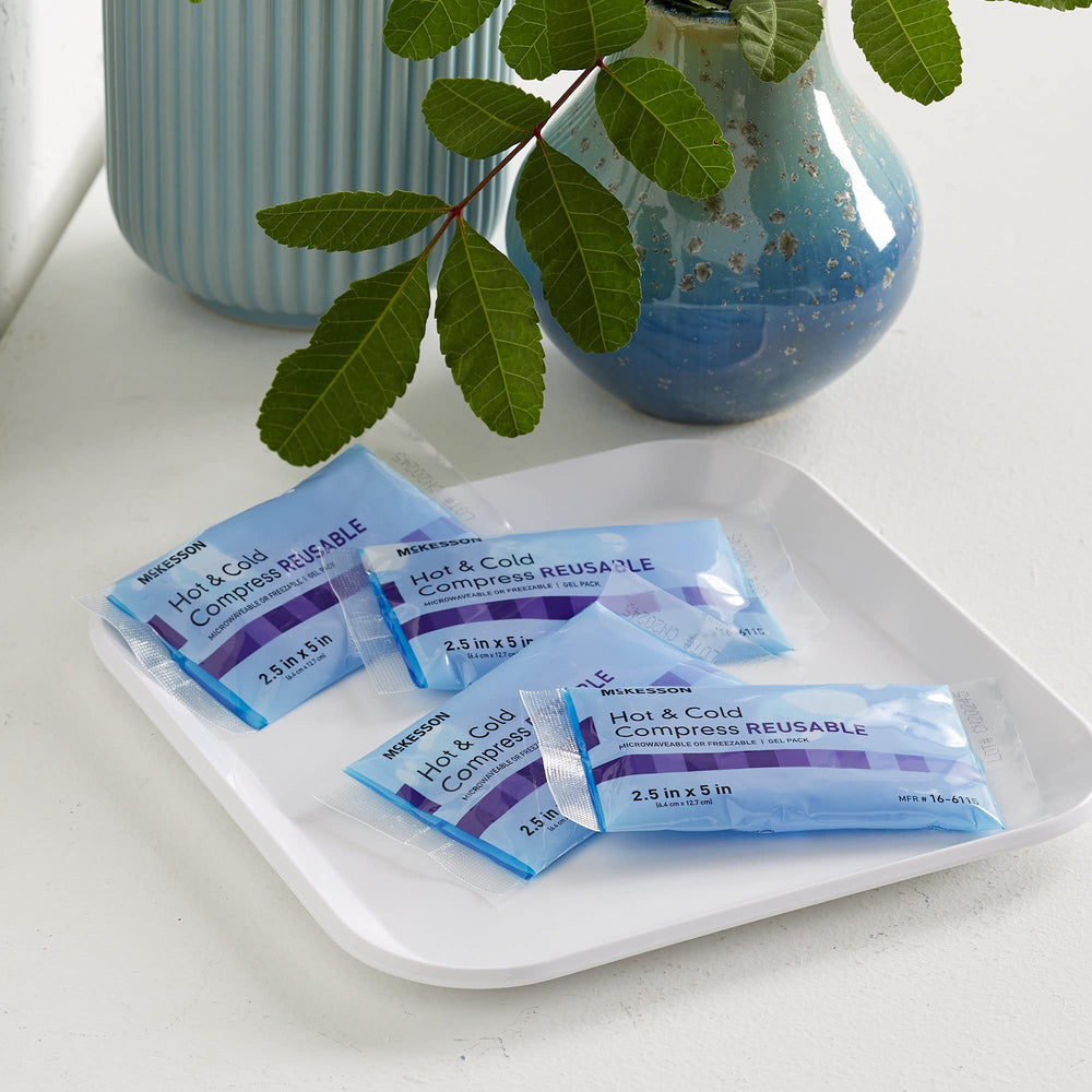 McKesson 150-pack display showing cost-effective, reusable gel packs for multiple injuries.