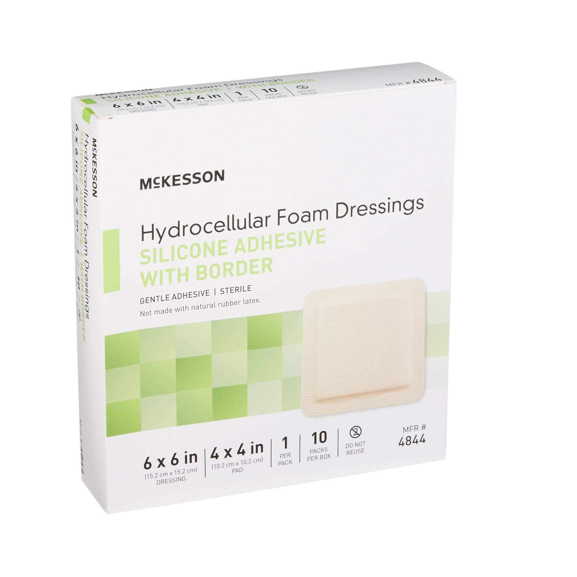 McKesson foam dressing pack image shows 10-count pack ready for care settings.