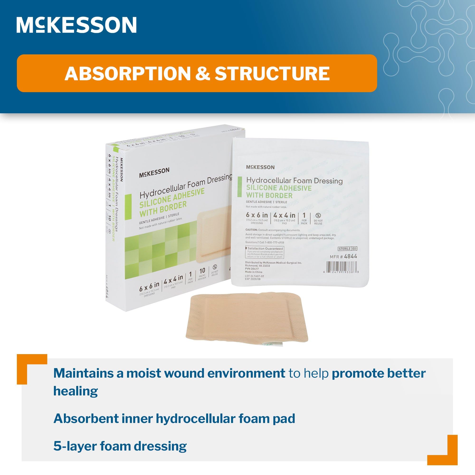 McKesson Hydrocellular Foam Dressings adhesion closeup demonstrates silicone gel comfort during removal.