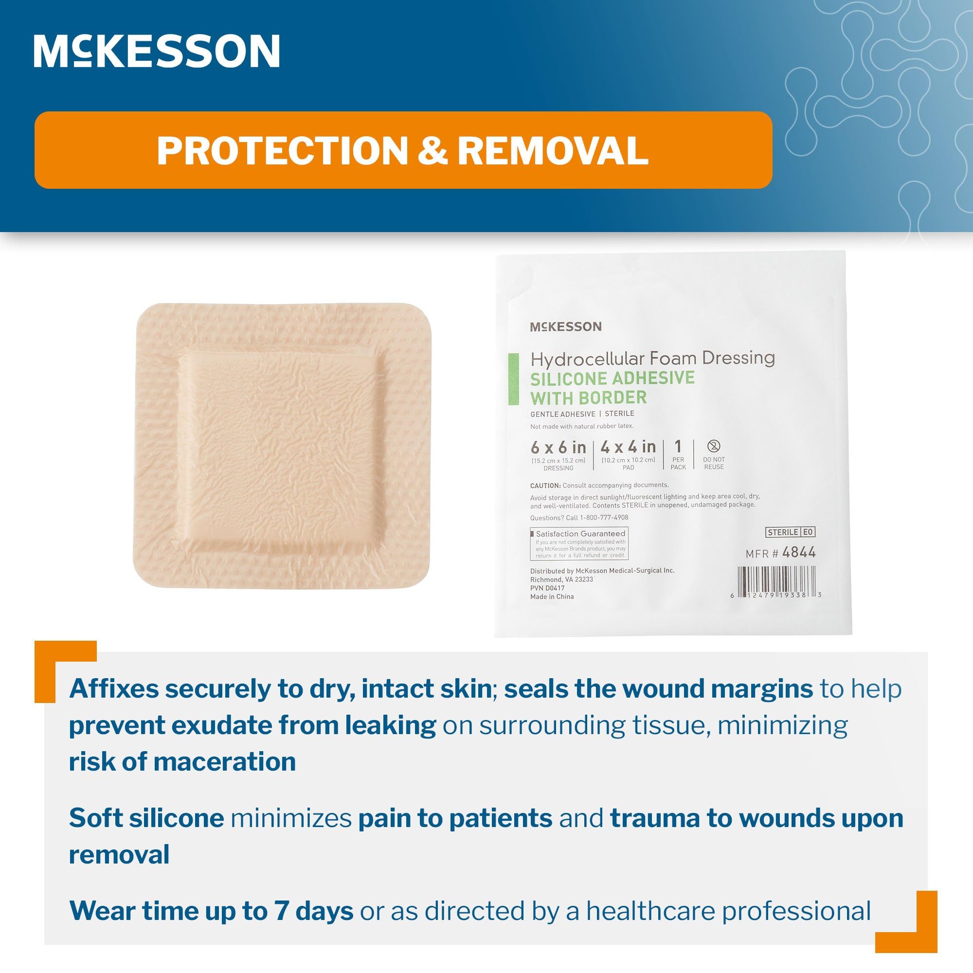 McKesson border foam dressing pad closeup highlights breathable film layer and moisture resistance.