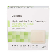McKesson sterile foam dressing 4x4 pad highlights discreet, comfortable removal.