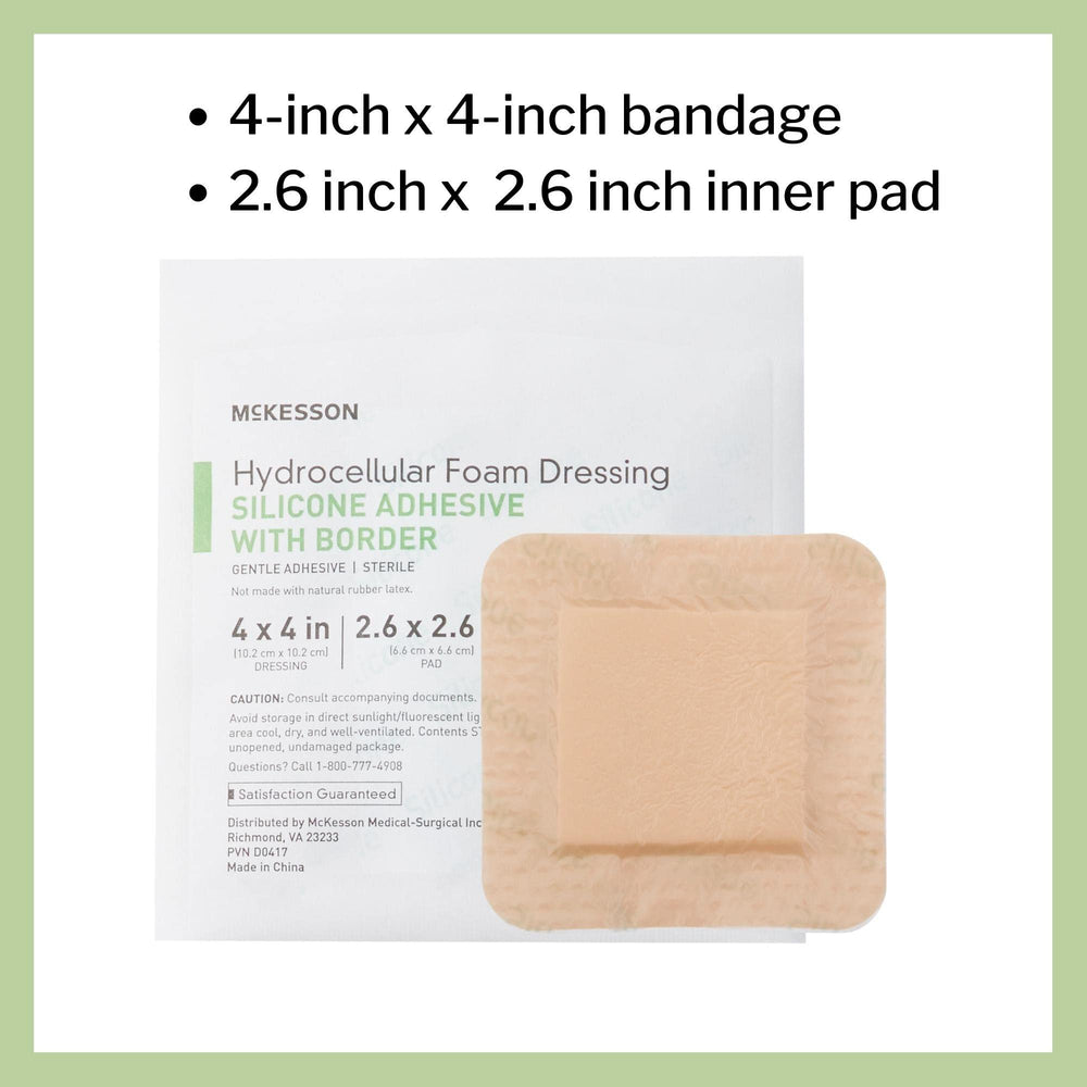 McKesson Hydrocellular foam dressing 4x4 with 3x3 pad provides coverage.