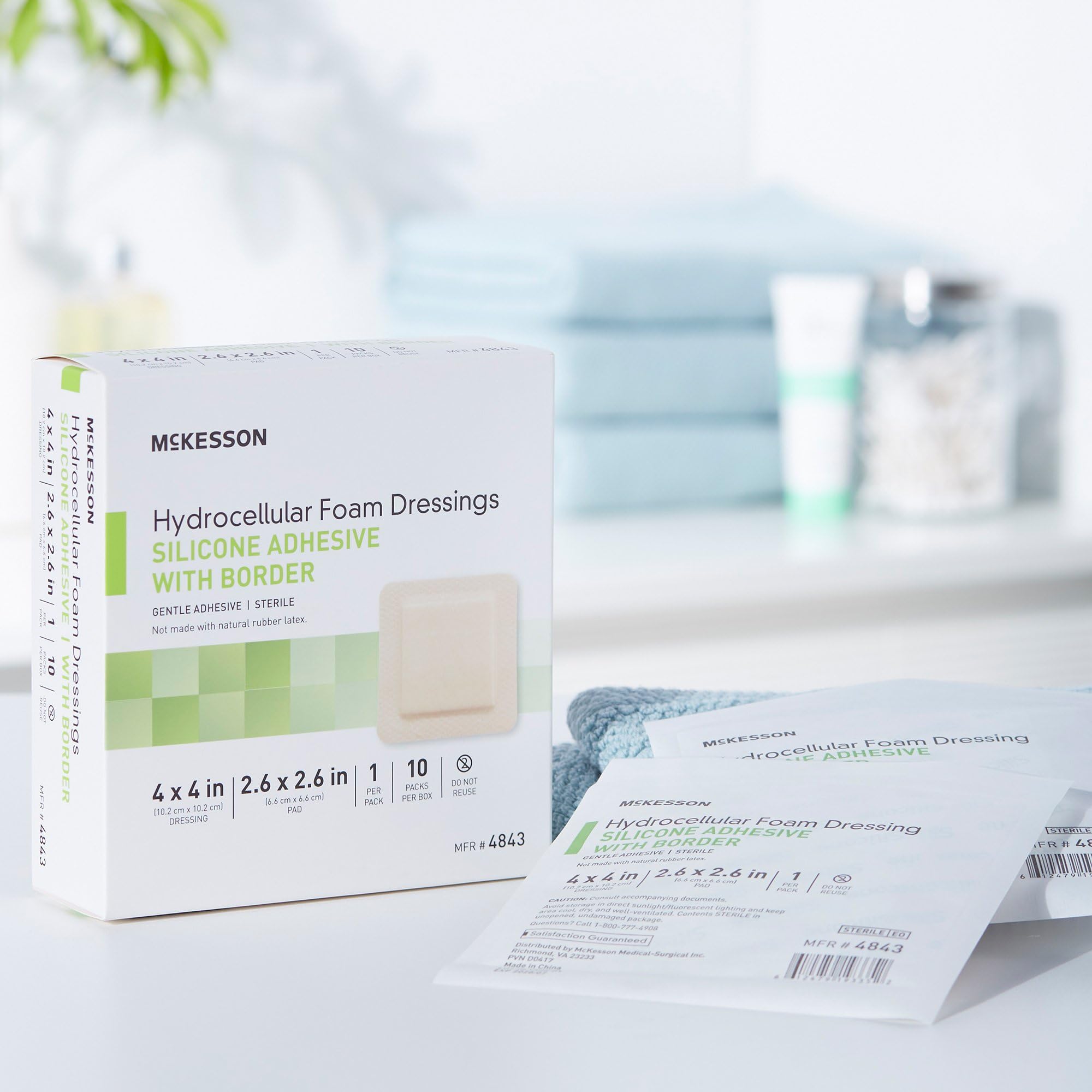 McKesson Hydrocellular foam dressing with silicone adhesive ensures skin-friendly adhesion.