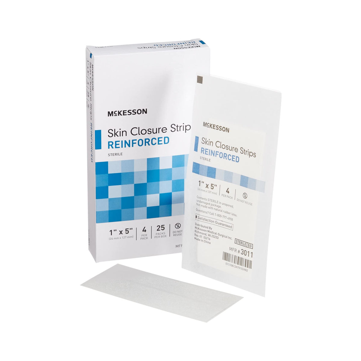 McKesson Skin Closure Strips box showing sterile packaging for wound care