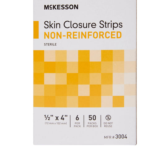 McKesson skin closure strip close-up shows sterile tan design for gentle wound closure