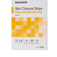 McKesson skin closure strip close-up shows sterile tan design for gentle wound closure