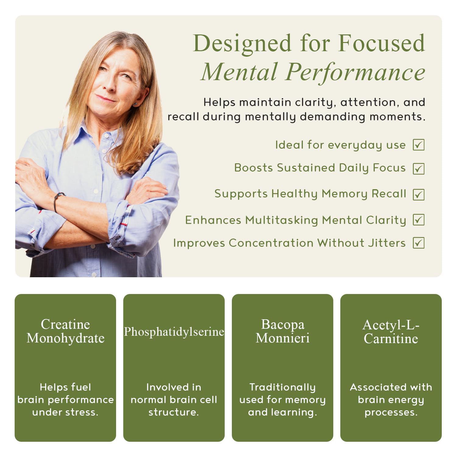 Close-up of M.D. Blend Brain Support label and ingredients.