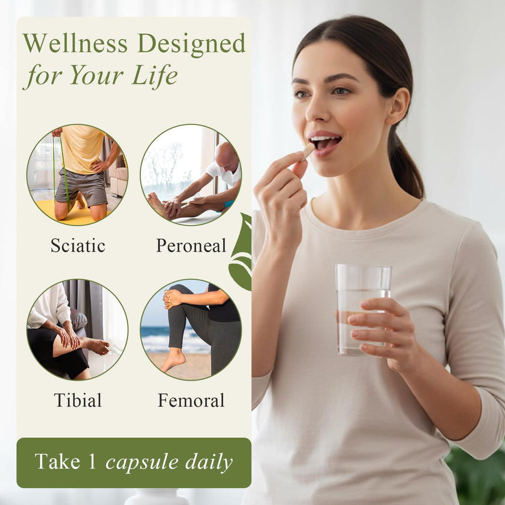 MD Blend Neuropathy bottle beside a glass of water for daily intake.