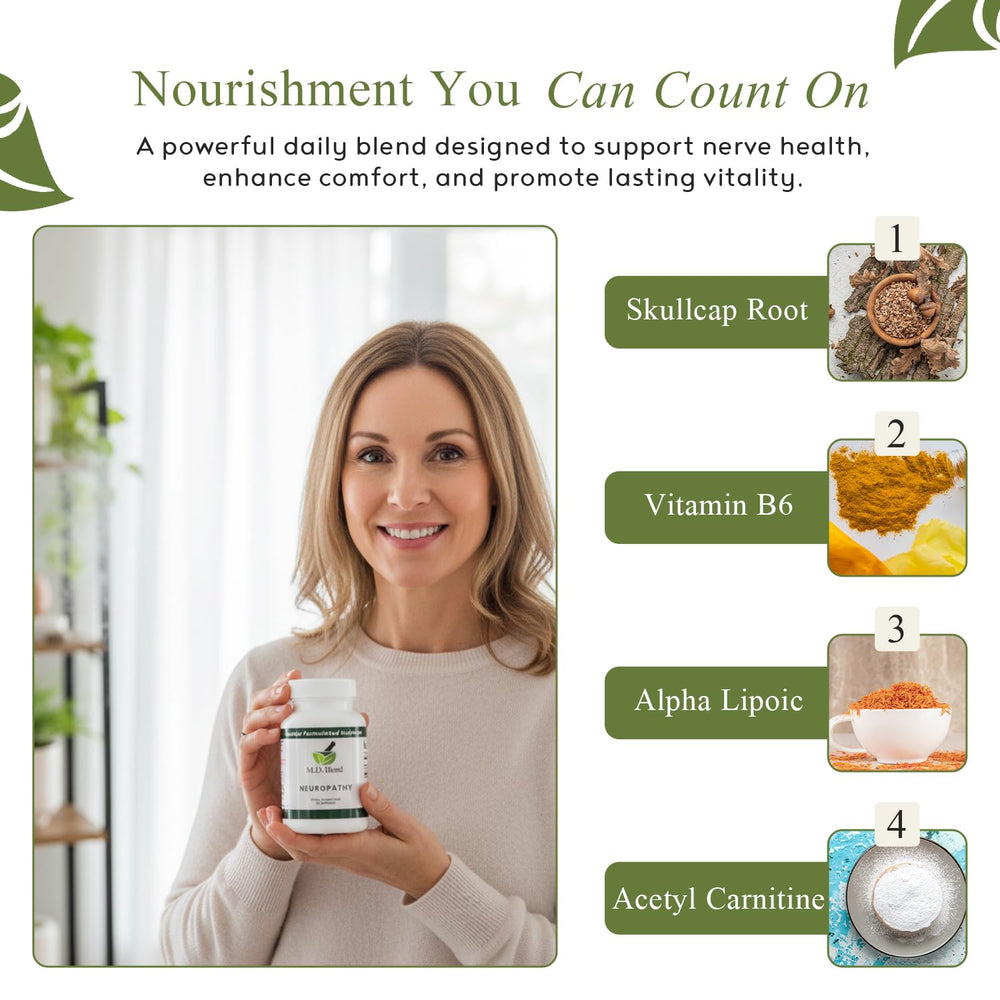 Capsules poured from MD Blend Neuropathy bottle, ready for daily use.