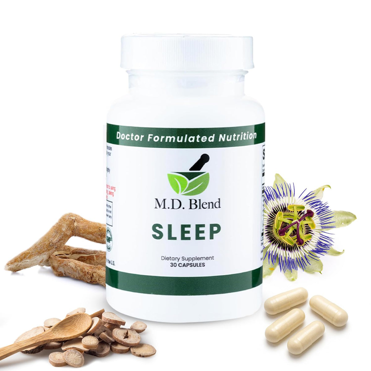 M.D. Blend Sleep bottle front for calm, natural nightly support.