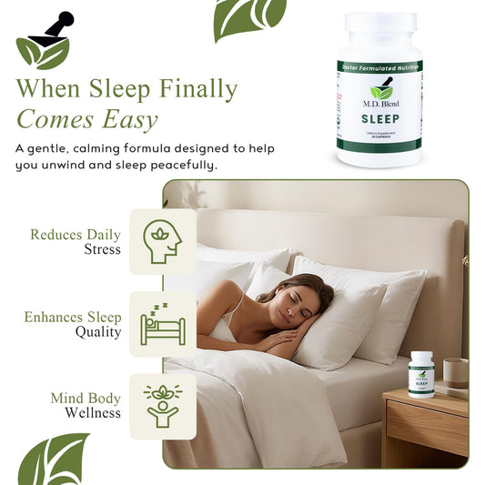 M.D. Blend Sleep capsules close-up showing convenient, non-habit forming intake.