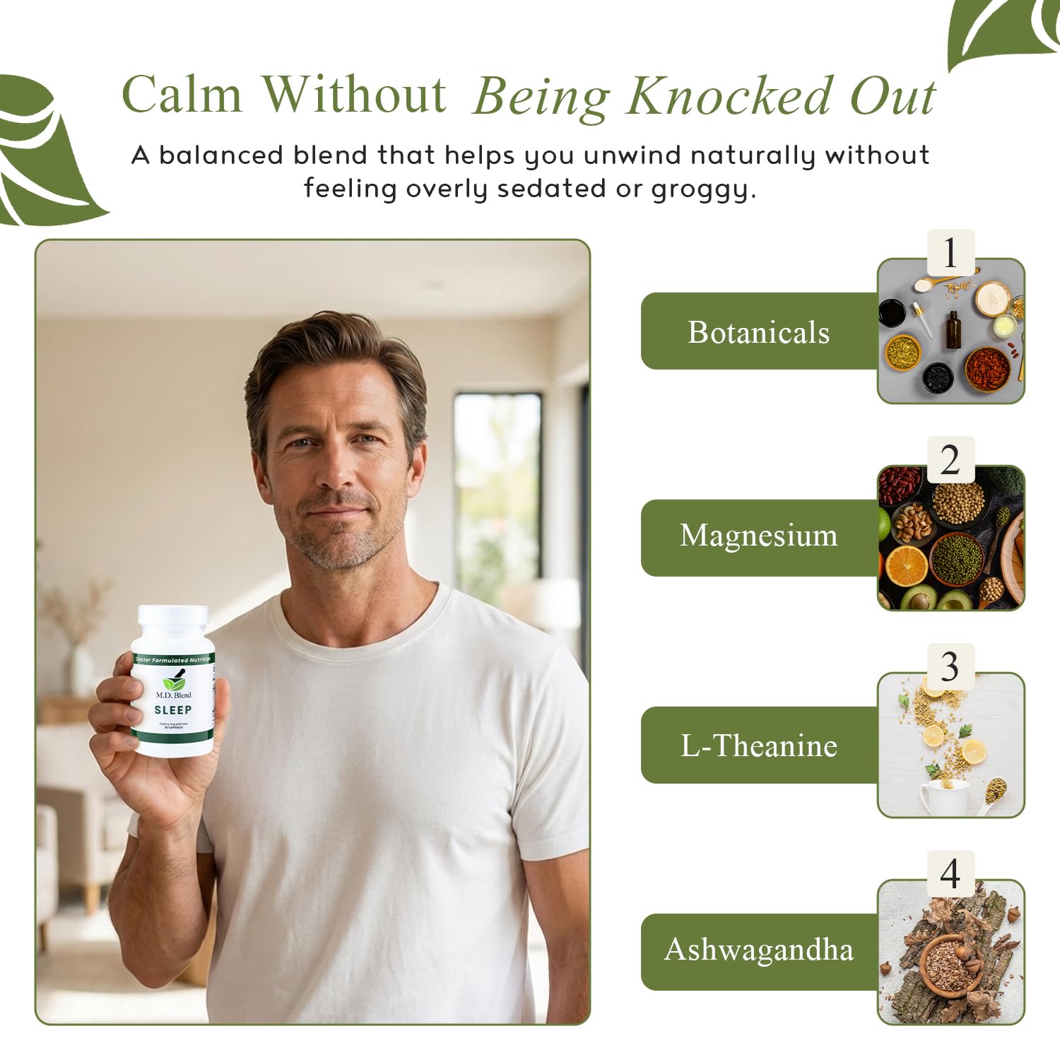M.D. Blend Sleep in hand suggests an easy nightly routine.