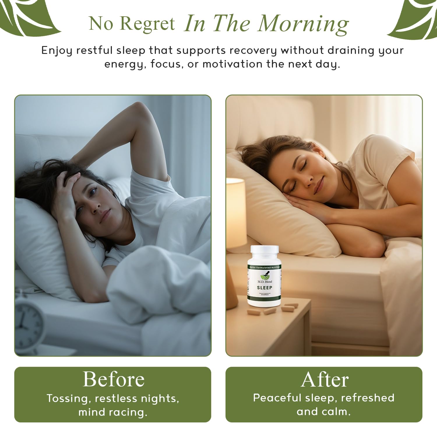 M.D. Blend Sleep with water glass implies simple bedtime habits.