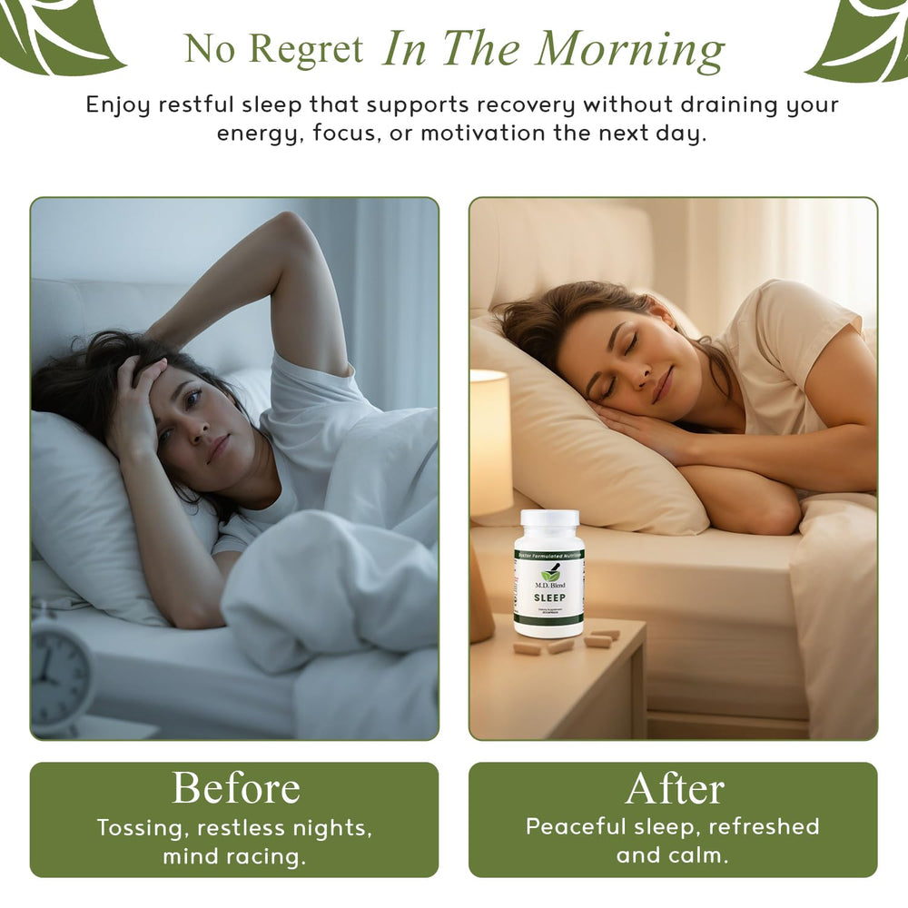 M.D. Blend Sleep with water glass implies simple bedtime habits.