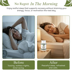 M.D. Blend Sleep with water glass implies simple bedtime habits.